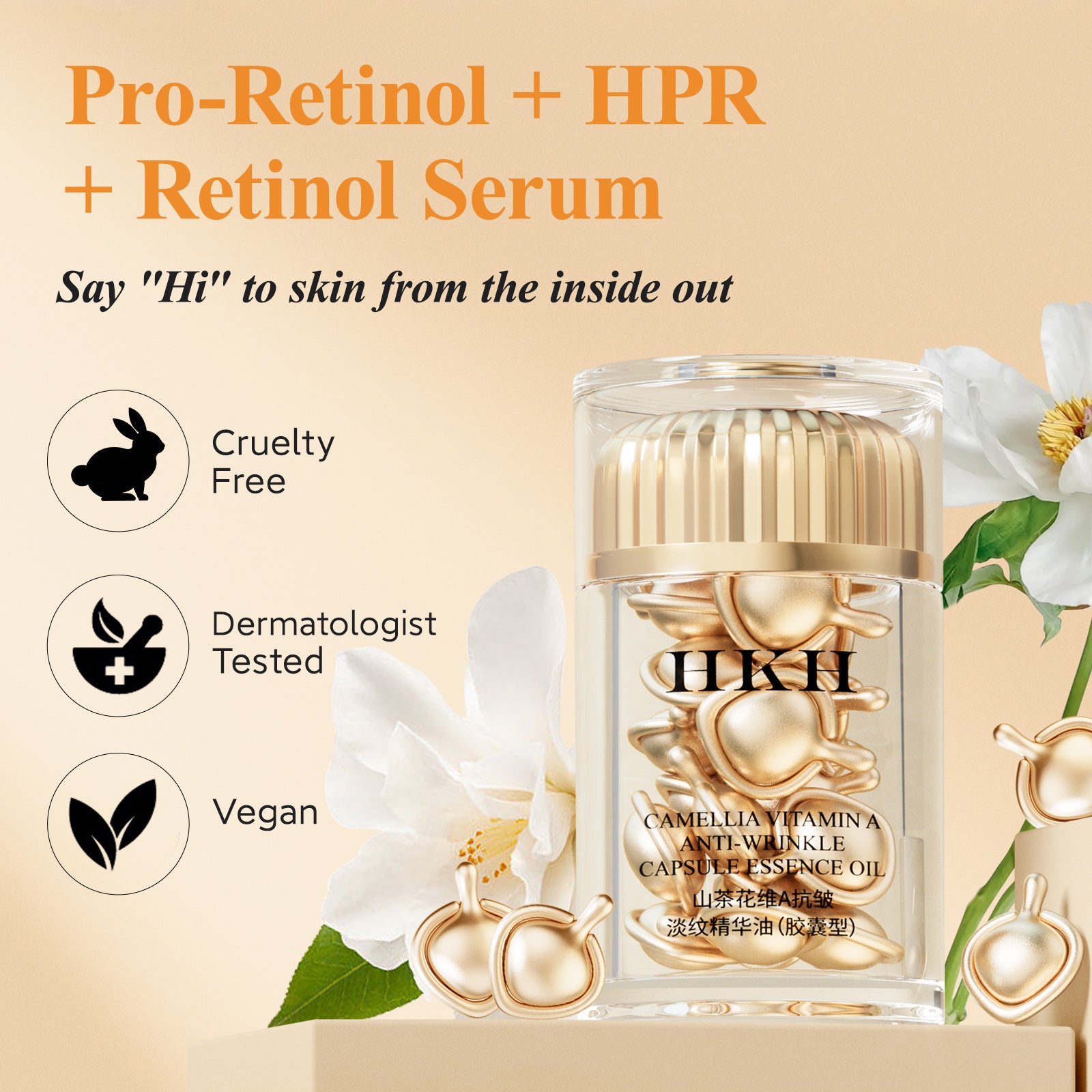 HKH Retinol + HPR Serum fürs Gesicht – Anti-Aging-Nachtpflege gegen Falten – Retinol-Kapseln – Peptidserum für Frauen – Strafft die Haut gegen feine Linien und schlaffe Haut – Frei von Duftstoffen und Alkohol, nicht fettend