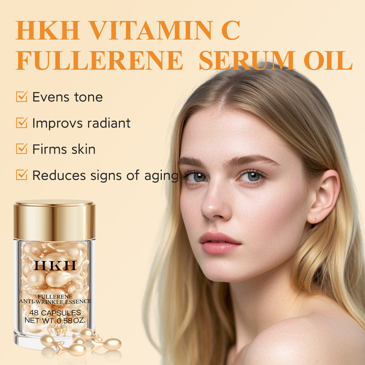 HKH Vitamin-C-Serum fürs Gesicht: 48 Kapseln Retinol Anti-Aging Falten-Reparatur-Serum – Vitamin-E-Niacinamid-Öl für Frauen – Tägliche Tiefenpflege für feine Linien, glättet, spendet Feuchtigkeit und hellt den Teint auf
