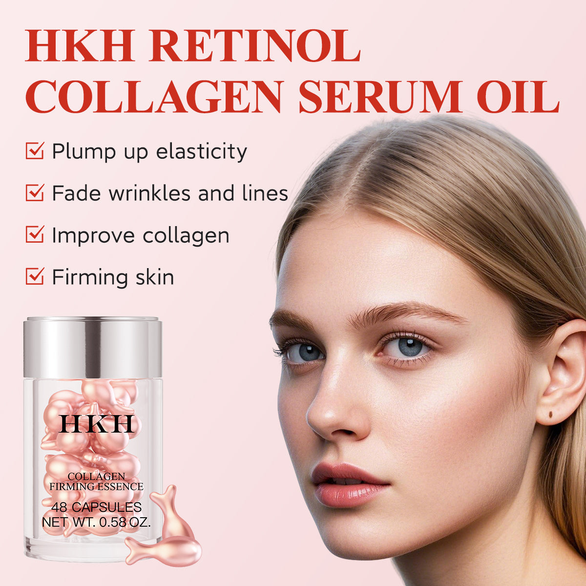 HKH Retinol-Serum-Kapseln fürs Gesicht: 48 Kapseln Vitamin A Anti-Aging-Nachtserum gegen Falten – Vitamin E Kollagenöl für Frauen – Tägliche Tiefenpflege für feine Linien, glättet und spendet Feuchtigkeit – 16,4 ml